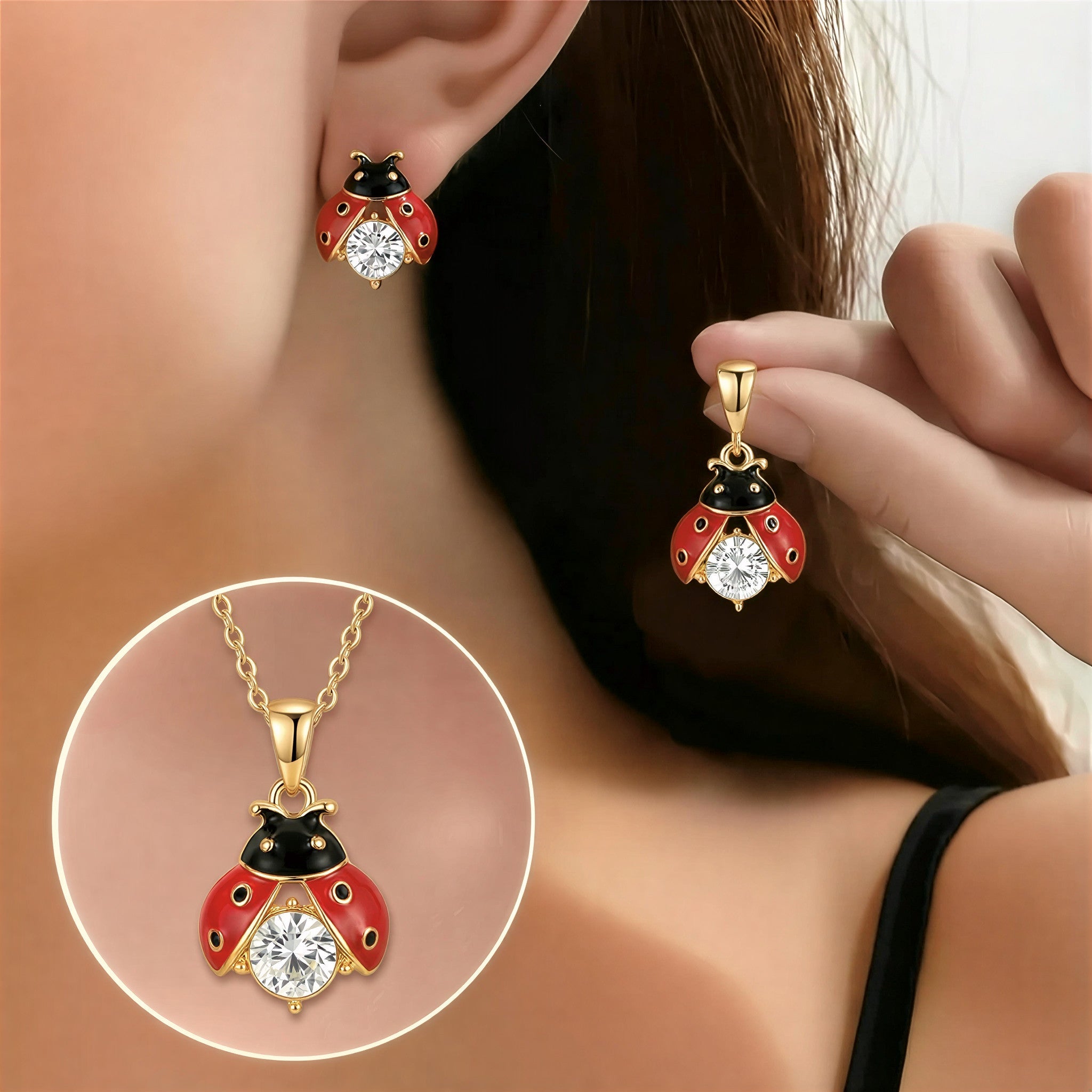 Mariehøne lykkebringer øreringe med gratis halskæde | Begrænset tilbud