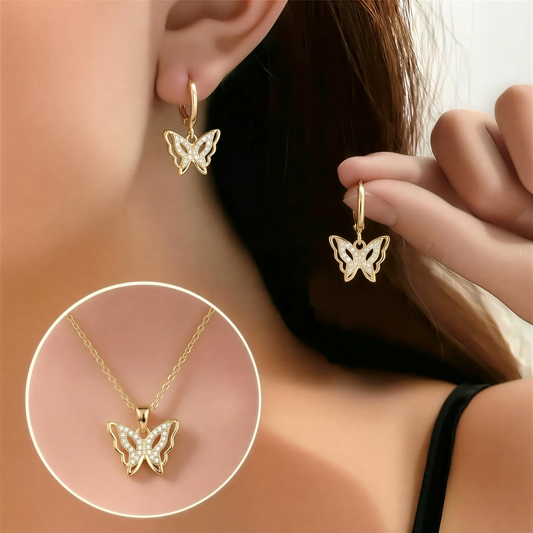 Sommerfugl lykkebringer øreringe med gratis halskæde | Begrænset tilbud