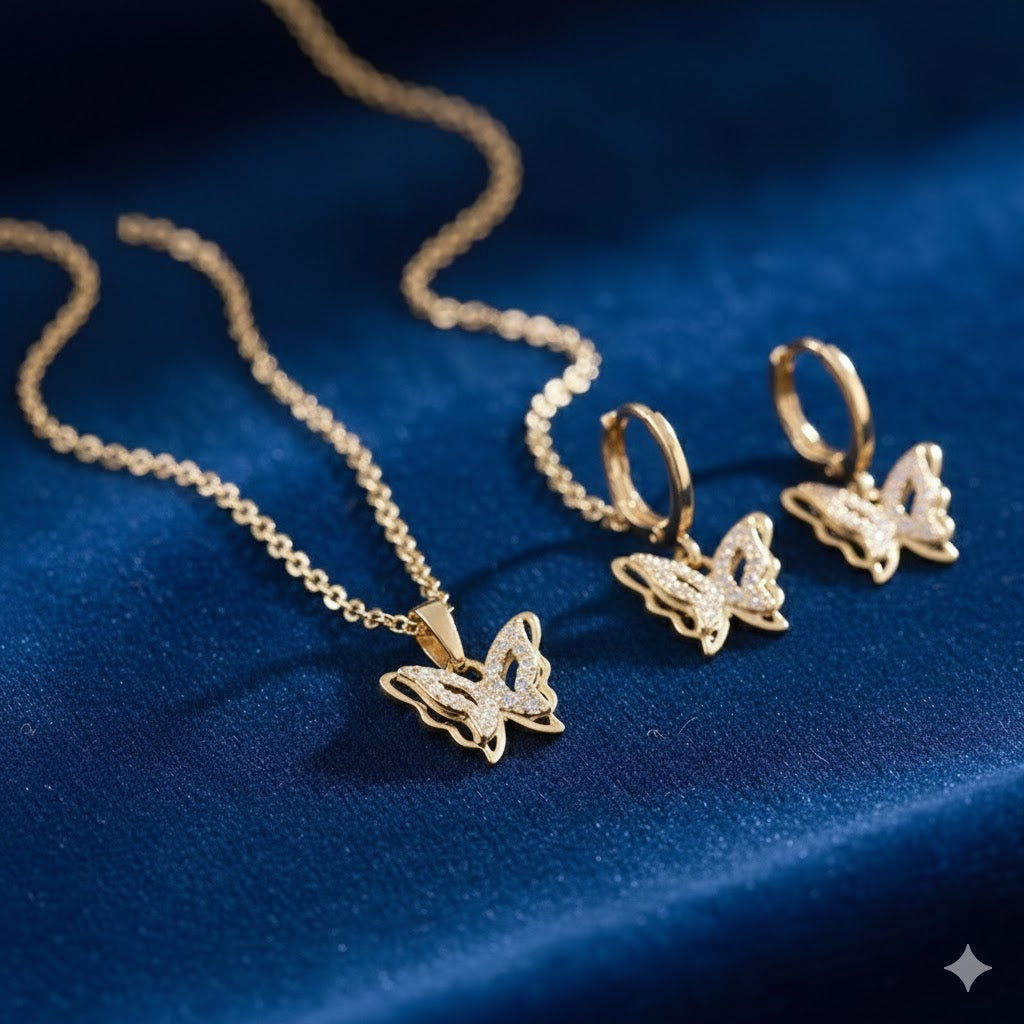 Sommerfugl lykkebringer øreringe med gratis halskæde | Begrænset tilbud
