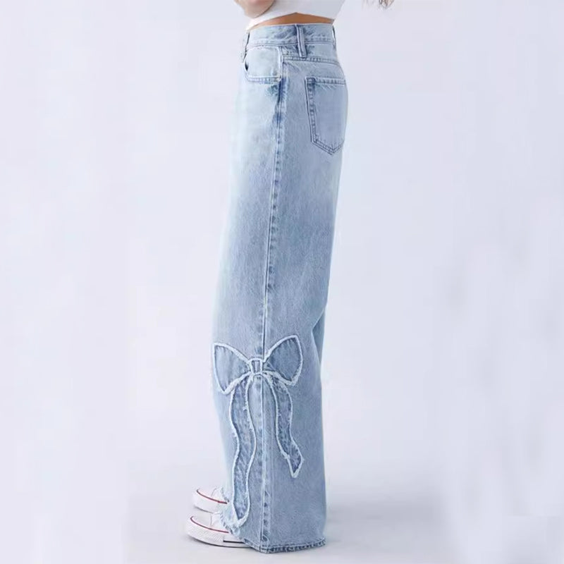 Sofia™ | Vide Jeans med Broderede Sløjfer