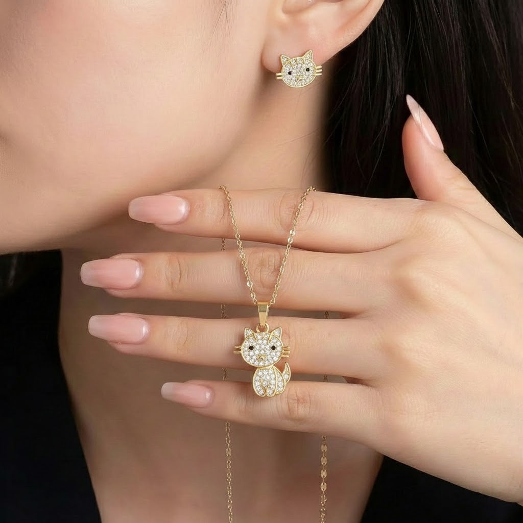 Kat lykkebringer øreringe med gratis halskæde | Begrænset tilbud